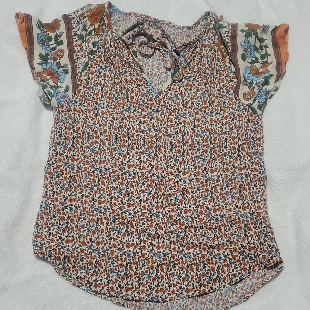 SHEIN Orange Multi Floral Tie-Neck Cap Sleeve Blouse